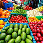 **Image Prompt:** A vibrant market scene in Vietnam, showcasing fresh, seasonal produce like colorful vegetables and fruits arranged artfully. Focus on close-ups of the produce, highlighting their textures and natural colors. Include elements that suggest freshness and quality.