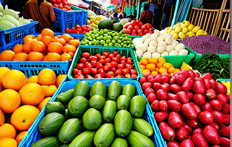 **Image Prompt:** A vibrant market scene in Vietnam, showcasing fresh, seasonal produce like colorful vegetables and fruits arranged artfully. Focus on close-ups of the produce, highlighting their textures and natural colors. Include elements that suggest freshness and quality.